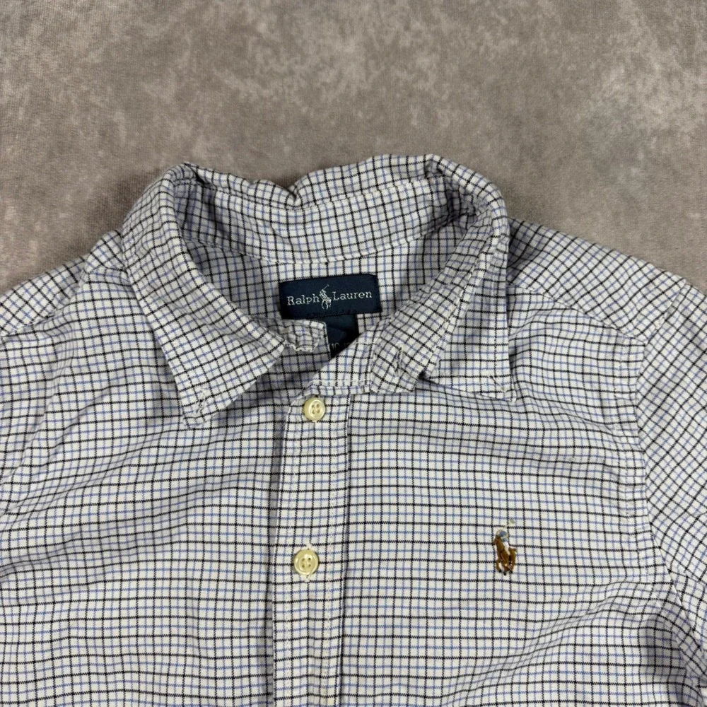 Ralph Lauren Boys Blue White Check Long Sleeve Button Down Shirt 10-12 Preppy